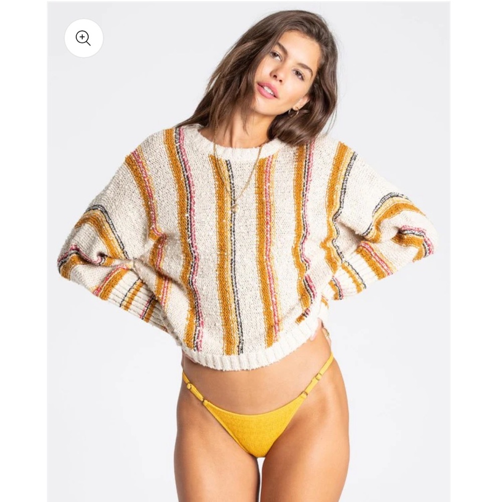 Billabong Cream Striped Scoop Neck Sweater with Mustard & Pink Accents